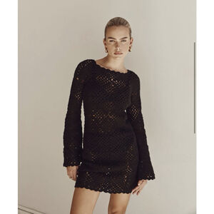 Dissh Clover Crochet Mini Dress XS Black Bell Sleeve Boho Festival Minimalist